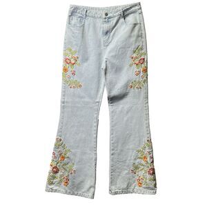 Jacquie the Label Floral Embroidered Jeans Women L Cotton Straight Leg‎ Western